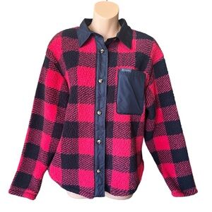 Columbia Red and Black Plaid Fleece Button Up Collared Jacket